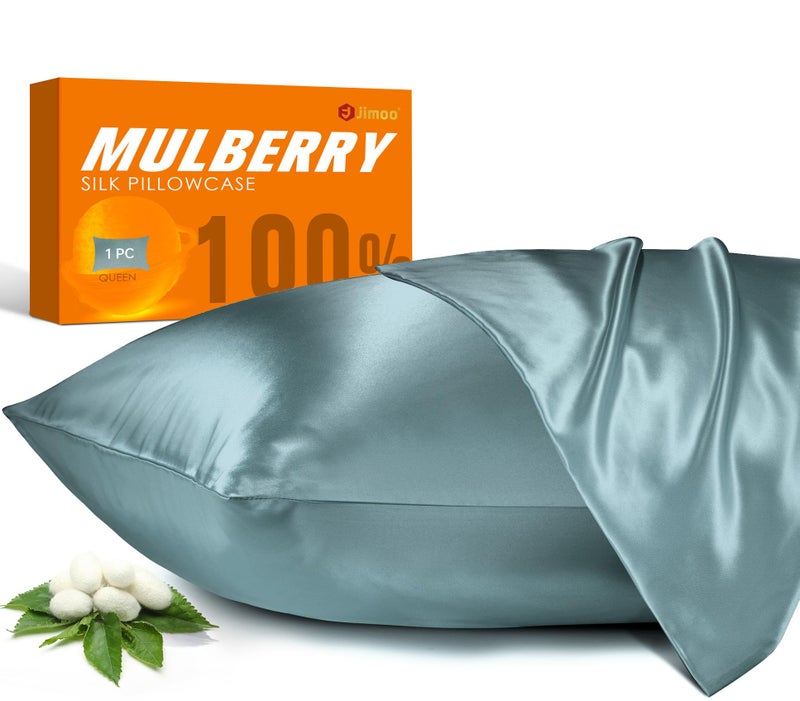 J JIMOO 100% Mulberry Silk Pillowcase for Hair and Skin, 22 Momme Pure Natural Silk Pillow Case Both Sided with Zipper, Pillow Cover for Women Mom Men (Fog Blue, King 20''Ã—36'', 1 Pack) - Image 1
